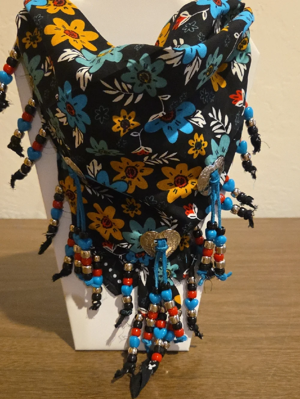 Black Floral Beaded Fringe Scarf. Western Boho